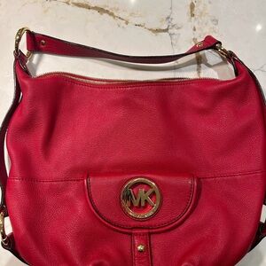 Michael Kors Pink-Red Leather Shoulder Bag with Gold Hardware